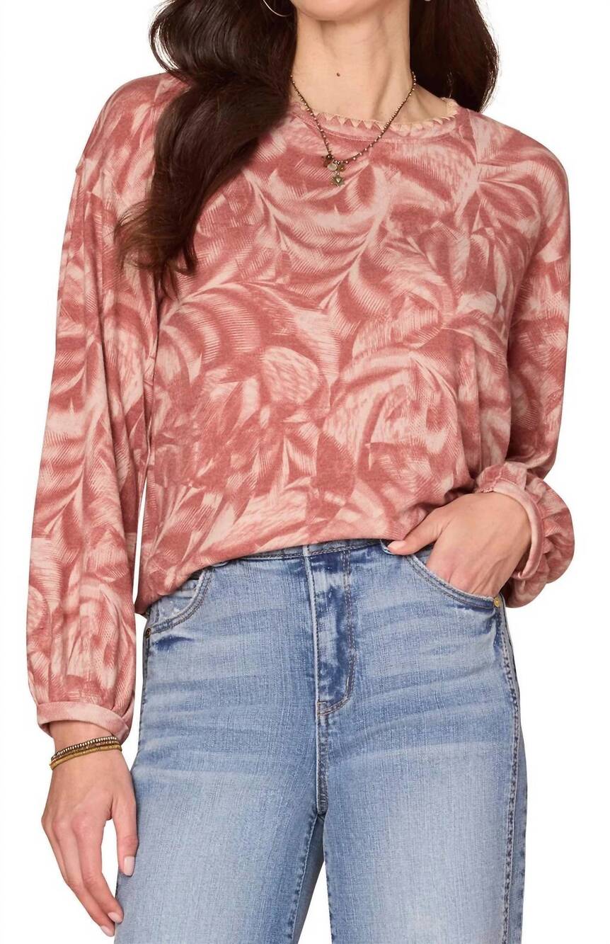NEW DEMOCRACY long sleeve embroidered scoop neck top in mahogany red